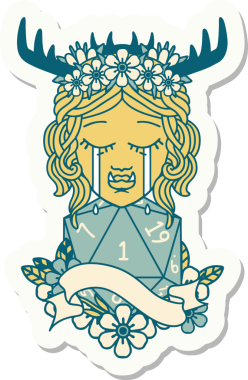 Ağlayan bir ork barbar karakterinin çıkartması. İnsan tarafından çizilmiş doğal bir D20 ruloyla.