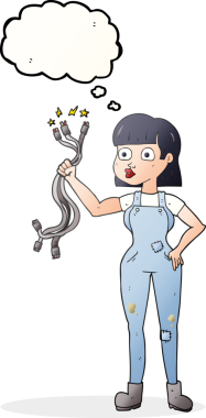 Bir insan tarafından çizilmiş serbest çizim balon karikatür kadın elektrikçi.