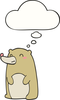 Bir insan tarafından çizilmiş düşünce baloncuğu olan sevimli çizgi film ayısı.