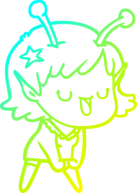 Bir insan tarafından çizilmiş mutlu bir uzaylı kız çizgi filmi.