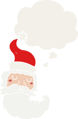 Düşünce baloncuklu karikatür Noel Baba yüzü bir insan tarafından çizilmiş.