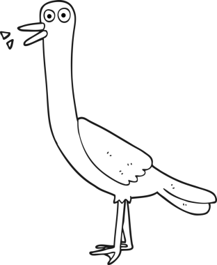 Bir insan tarafından çizilmiş siyah beyaz bir çizgi film kuşu.