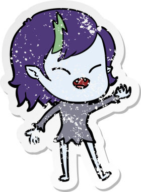 Bir insan tarafından çizilmiş gülen vampir kız çizgi filminin sıkıntılı çıkartması.