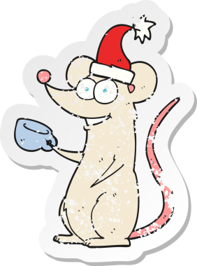 Bir insan tarafından çizilmiş Noel şapkası giyen çizgi film faresinin gerilimli retro çıkartması.