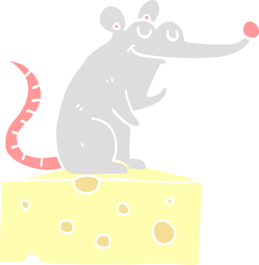 Bir insan tarafından çizilmiş peynirin üzerinde oturan düz renkli çizgi film faresi