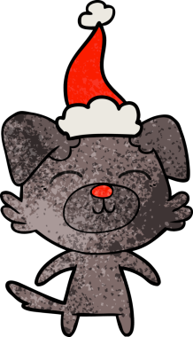 Bir insan tarafından çizilmiş Noel Baba şapkası takan bir köpeğin el çizimi karikatürü.