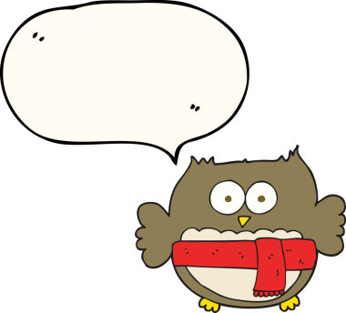 Bir insan tarafından çizilmiş eşarp ile serbest konuşma balonu çizilmiş baykuş.