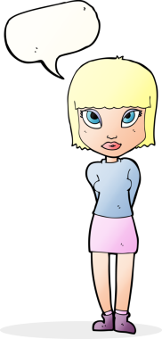 Bir insan tarafından çizilmiş bir konuşma balonuyla ayakta duran çizgi film kadını.