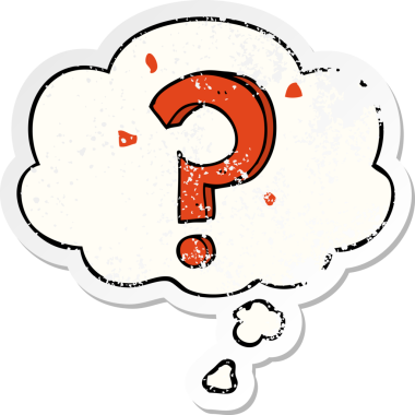 Düşünce baloncuklu çizgi film soru işareti bir insan tarafından çizilmiş yıpranmış bir çıkartma.