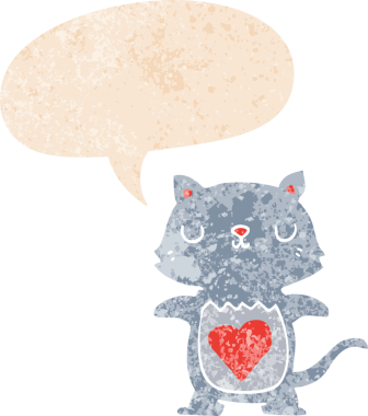 Grunge 'da konuşma baloncuğu olan sevimli çizgi film kedisi bir insan tarafından çizilmiş sıkıntılı retro dokuma tarzı