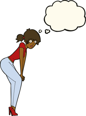 Bir insan tarafından çizilmiş düşünce balonuyla poz veren karikatür kadın.