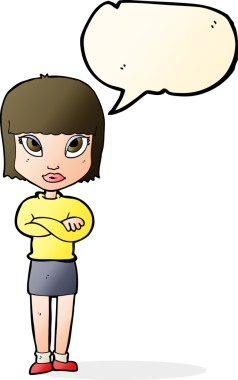 Bir insan tarafından çizilmiş konuşma balonlu çapraz kollu bir karikatür kadın.