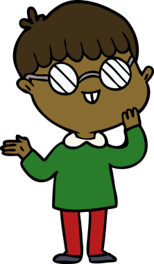 Bir insan tarafından çizilmiş gözlük takan çizgi film çocuğu.