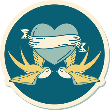 Geleneksel kırlangıç stili dövme çıkartması ve bir insan tarafından çizilmiş sancaklı bir kalp.