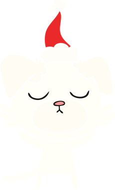 Bir insan tarafından çizilmiş Noel Baba şapkası takan bir köpeğin düz renk çizimi.