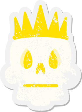 Bir insan tarafından çizilmiş korkunç kafatası taçlı grunge çıkartması.