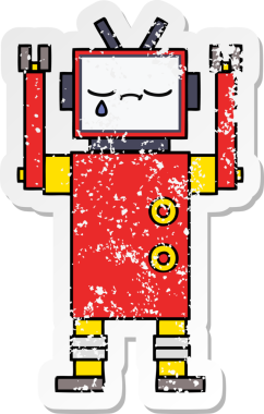 Bir insan tarafından çizilmiş sevimli bir robot çizgi film çıkartması.