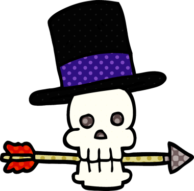 Bir insan tarafından çizilmiş silindir şapkalı ve oklu karalama kafatası.