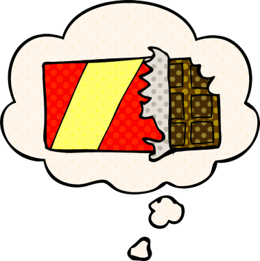 Çizgi roman tarzında bir insan tarafından çizilmiş düşünce baloncuğu olan çikolatalı çizgi film.