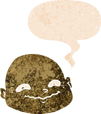 bir insan tarafından çizilmiş grunge sıkıntılı retro tarzı ile konuşma balonu ile çizgi kel adam