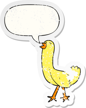 Konuşma baloncuğu olan çizgi film kuşu, bir insan tarafından çizilmiş sıkıntılı eski bir çıkartma.