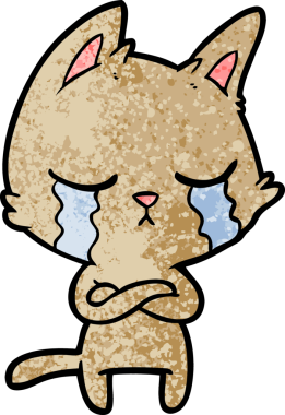 Bir insan tarafından çizilmiş kolları katlanmış ağlayan çizgi film kedisi.