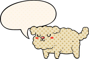 Bir insan tarafından çizilmiş çizgi roman tarzında konuşma balonu olan çizgi film köpeği.