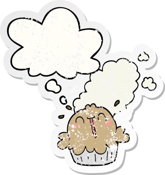 Düşünce baloncuğu olan şirin bir çizgi film pastası bir insan tarafından çizilmiş yıpranmış bir çıkartma gibi.