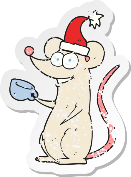 Bir insan tarafından çizilmiş Noel şapkası giyen çizgi film faresinin gerilimli retro çıkartması.