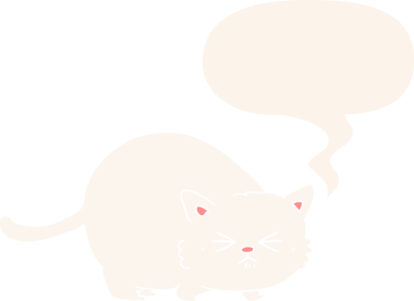 bir insan tarafından çizilmiş, konuşma baloncuklu kızgın kedi çizgi filmi.