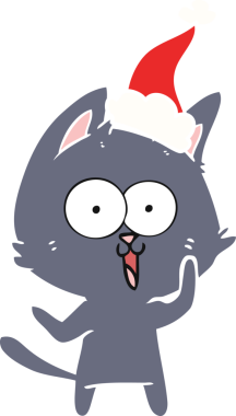 Bir insan tarafından çizilmiş Noel Baba şapkası takan bir kedinin düz renk çizimi.