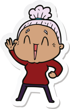 Bir insan tarafından çizilmiş mutlu yaşlı bir kadının çıkartması.