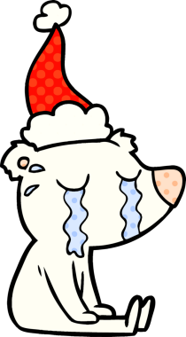 Bir insan tarafından çizilmiş Noel Baba şapkası giymiş ağlayan bir kutup ayısının el çizimi çizgi roman çizimi.