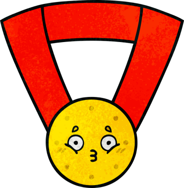 Bir insan tarafından çizilmiş altın madalyanın retro grunge desenli karikatürü