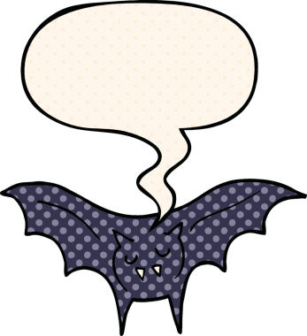 Bir insan tarafından çizilmiş çizgi roman tarzında konuşma balonu olan vampir yarasa çizgi filmi.