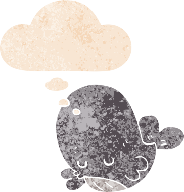 Düşünce baloncuklu çizgi film balinası grunge sıkıntılı retro dokulu bir insan tarafından çizilmiş