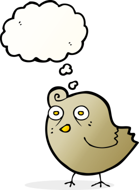 Bir insan tarafından çizilmiş düşünce baloncuklu komik çizgi film kuşu.