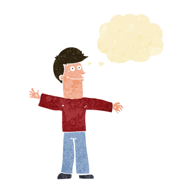 Bir insan tarafından çizilmiş düşünce balonlu mutlu adam çizgi filmi.