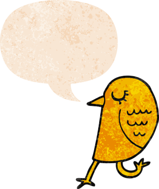 grunge 'da konuşma baloncuğu olan karikatür kuşu bir insan tarafından çizilmiş dertli retro tarzı