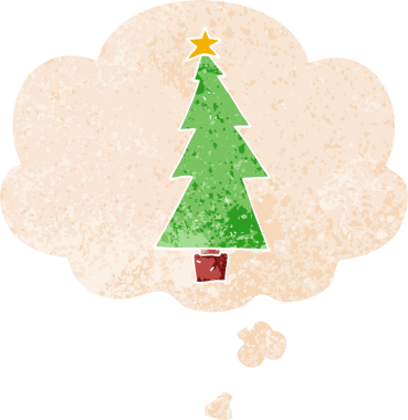 Düşünce baloncuğu olan karikatür noel ağacı grunge sıkıntılı retro dokuma tarzı bir insan tarafından çizilmiş