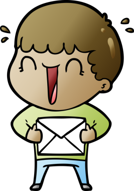 Bir insan tarafından çizilmiş bir mektupla gülen çizgi film adamı.