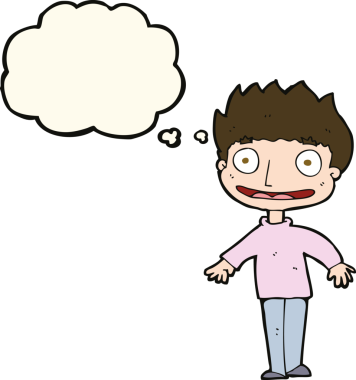 Bir insan tarafından çizilmiş düşünce baloncuğu olan heyecanlı çocuk.