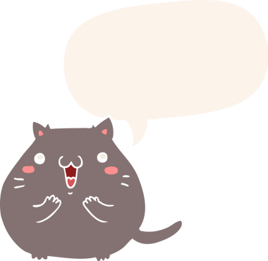 Bir insan tarafından çizilmiş eski moda konuşma balonlu mutlu çizgi film kedisi.