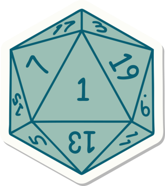 Bir insan tarafından çizilmiş doğal 1 D20 zar etiketi.