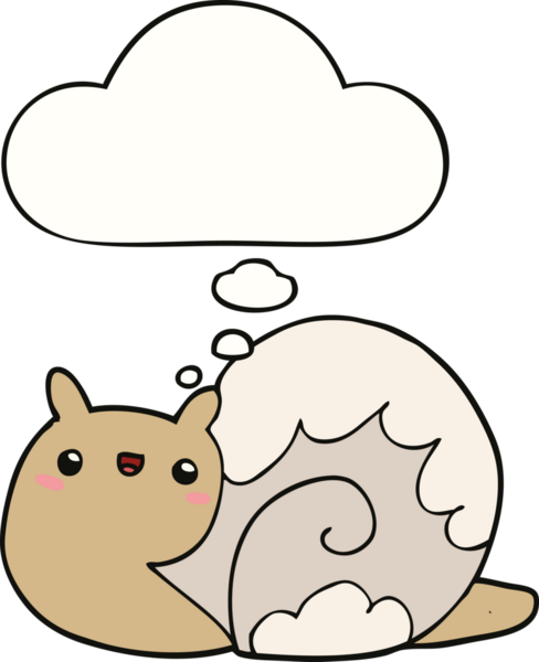 Bir insan tarafından çizilmiş düşünce kabarcığı olan sevimli çizgi film salyangozu.