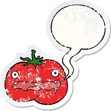 Konuşma baloncuklu çizgi film domatesi bir insan tarafından çizilmiş sıkıntılı eski bir çıkartma