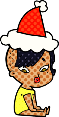 Bir insan tarafından çizilmiş Noel Baba şapkası giymiş, şaşırmış bir kızın el çizimi çizgi roman çizimi.