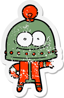 Bir insan tarafından çizilmiş ampullü mutlu bir robot çıkartması.