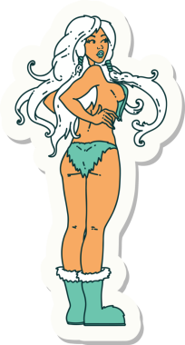 Geleneksel stil dövme çıkartması. Bir insan tarafından çizilmiş Viking kız resmi.