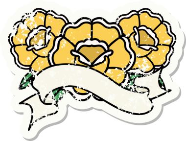 Bir insan tarafından çizilmiş bir buket çiçeğin bayrağını taşıyan eski bir etiket.